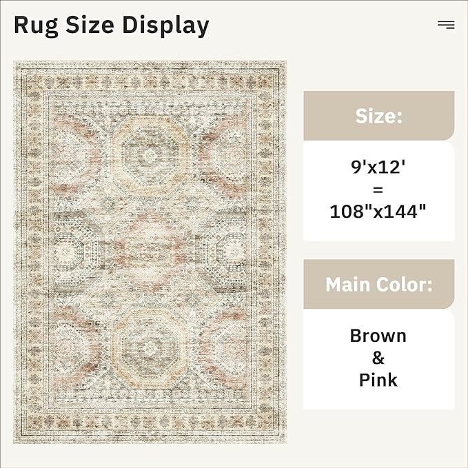 9x12 Area Rugs for Living Room, Non Slip Machine Washable Vintage Rugs - Image 3