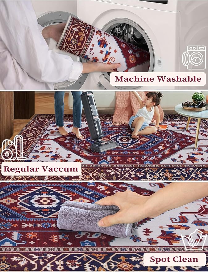 SERISSA Boho Washable Runner Rug, 2x5 Rug Runner Non-Slip Vintage Burgundy Navy - Image 2