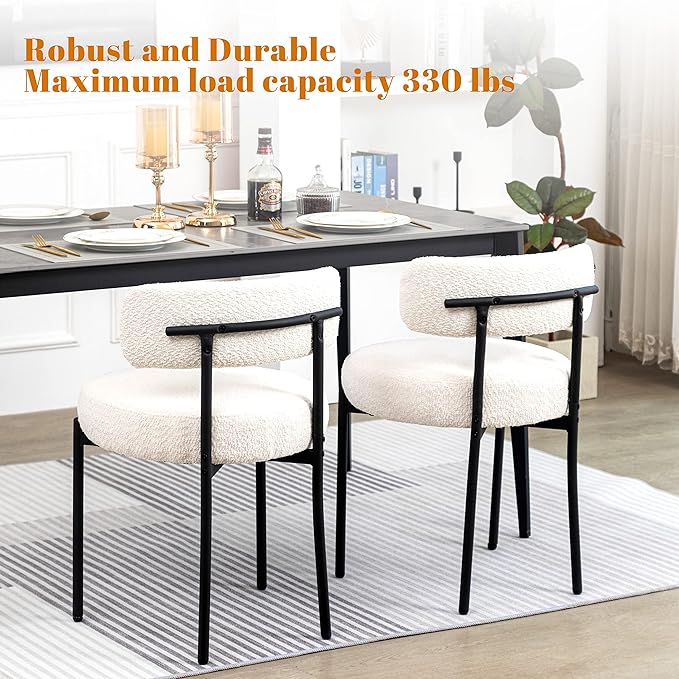 DYHOME White Boucle Dining Chairs Set of 2, Mid Century Modern Kitchen Chairs...
