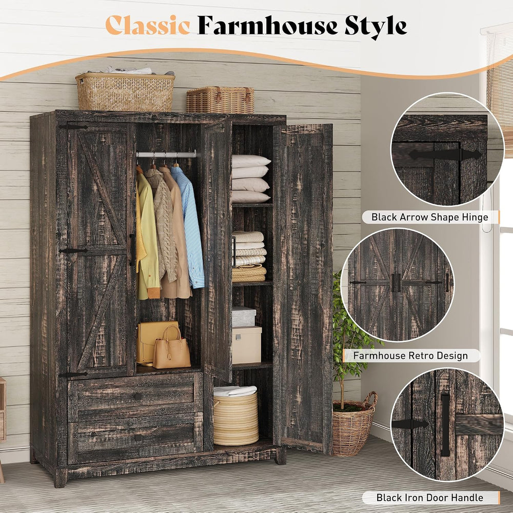 AMERLIFE Farmhouse 3 Door Wardrobe Closet with 2 Drawers & Hanging Rod