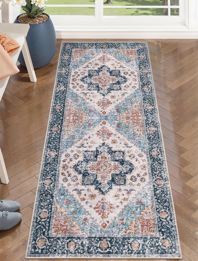 SERISSA Boho Washable Runner Rug, 2x5 Rug Non-Slip Vintage Blue Orange Hallway by SERISSAHomeDecorCollection