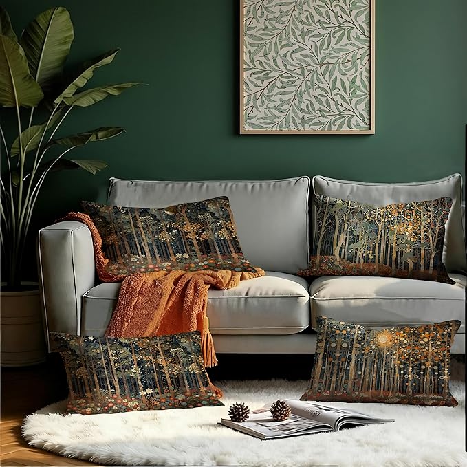 Rustic William Morris Inspired Forest Moon Pillow Covers 12x20 Set of 4 - Image 3