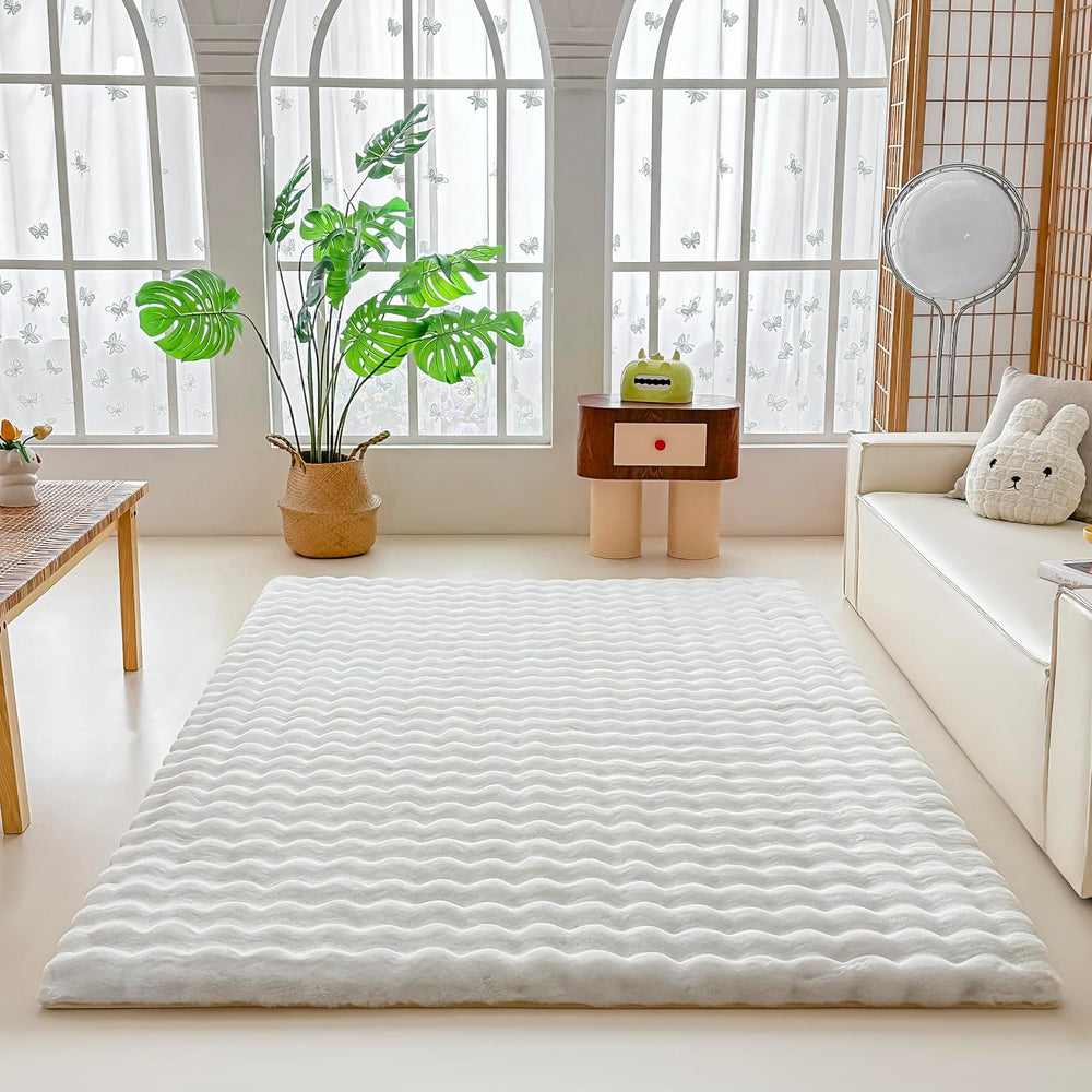 White Rabbit Plush Rug 5'x8', Fluffy Faux Fur Shaggy Area Rug