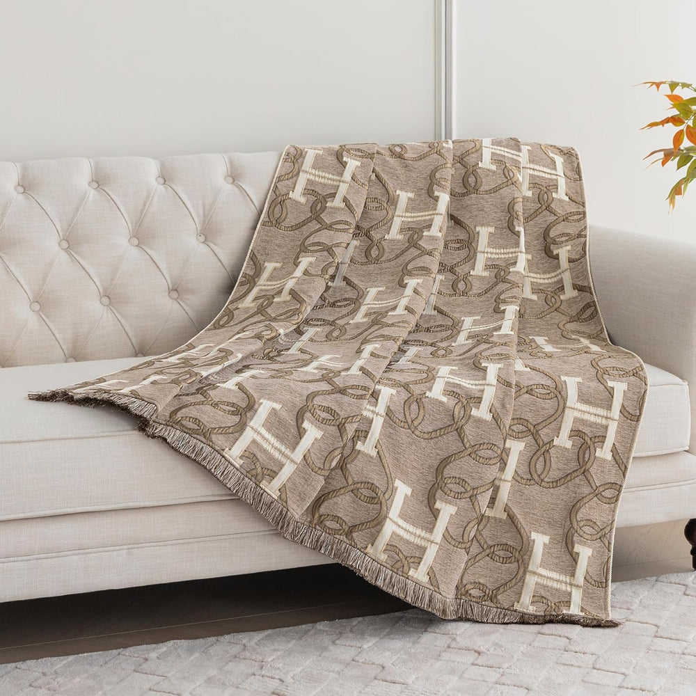 Jacquard Letter H Throw Blanket for Couch, 52”x72”, Taupe