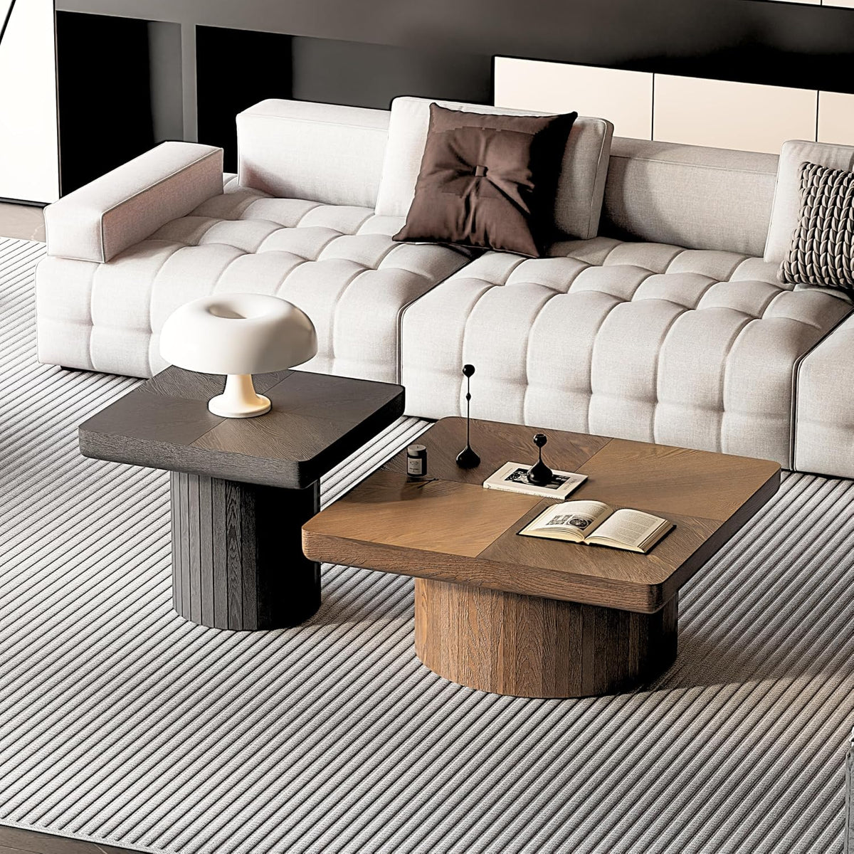 2-Piece Nesting Coffee Table Set, Square Parquet Top Sculptural Base Wood | Nesting Design, Parquet Top, Sculptural Base, Wood, Set of 2