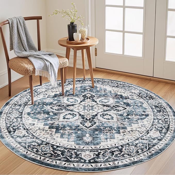AMADA HOMEFURNISHING Round 4ft Area Rugs, Low-Profile Washable Rug by AMADAHOMEFURNISHING