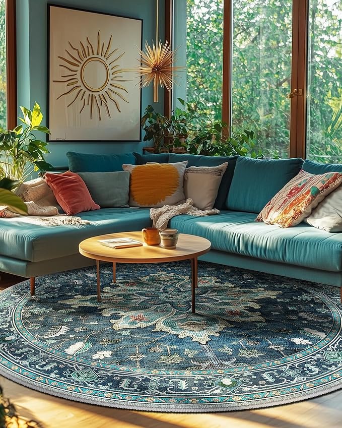 Area Rugs 6ft Washable Non-Slip, Floral Vintage Distress Print Pattern - Image 2