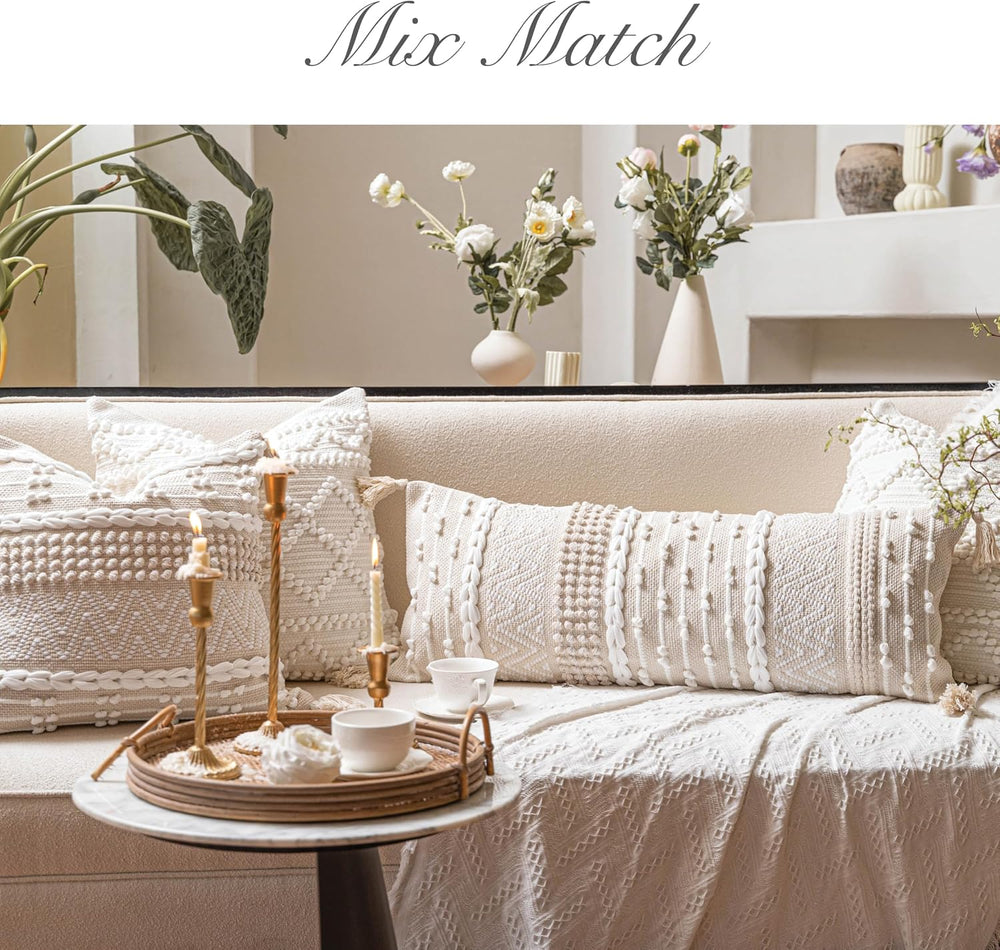 BlissBlush Cream Decorative Lumbar Throw Pillow Cover 14x36 Boho Long Cushion...