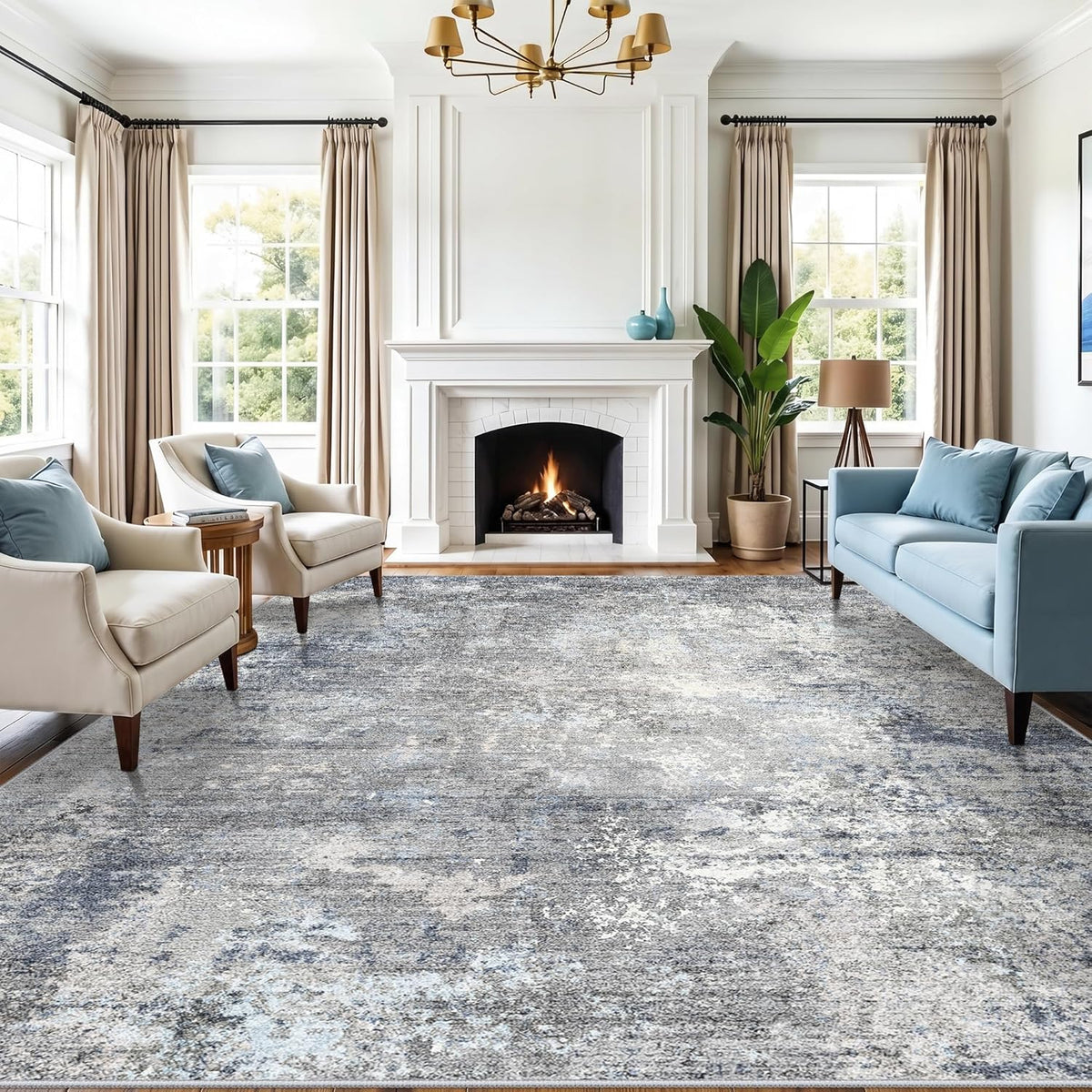 12x15 Extra Large Area Rug for Living Room Washable Abstract Rug, Blue Grey
