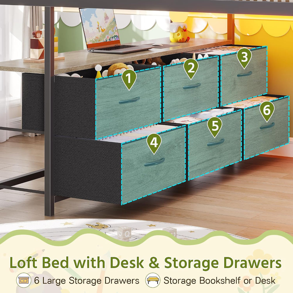 Low Loft Bed Full Size with Desk and 9 Storage Drawers, Oak Gray