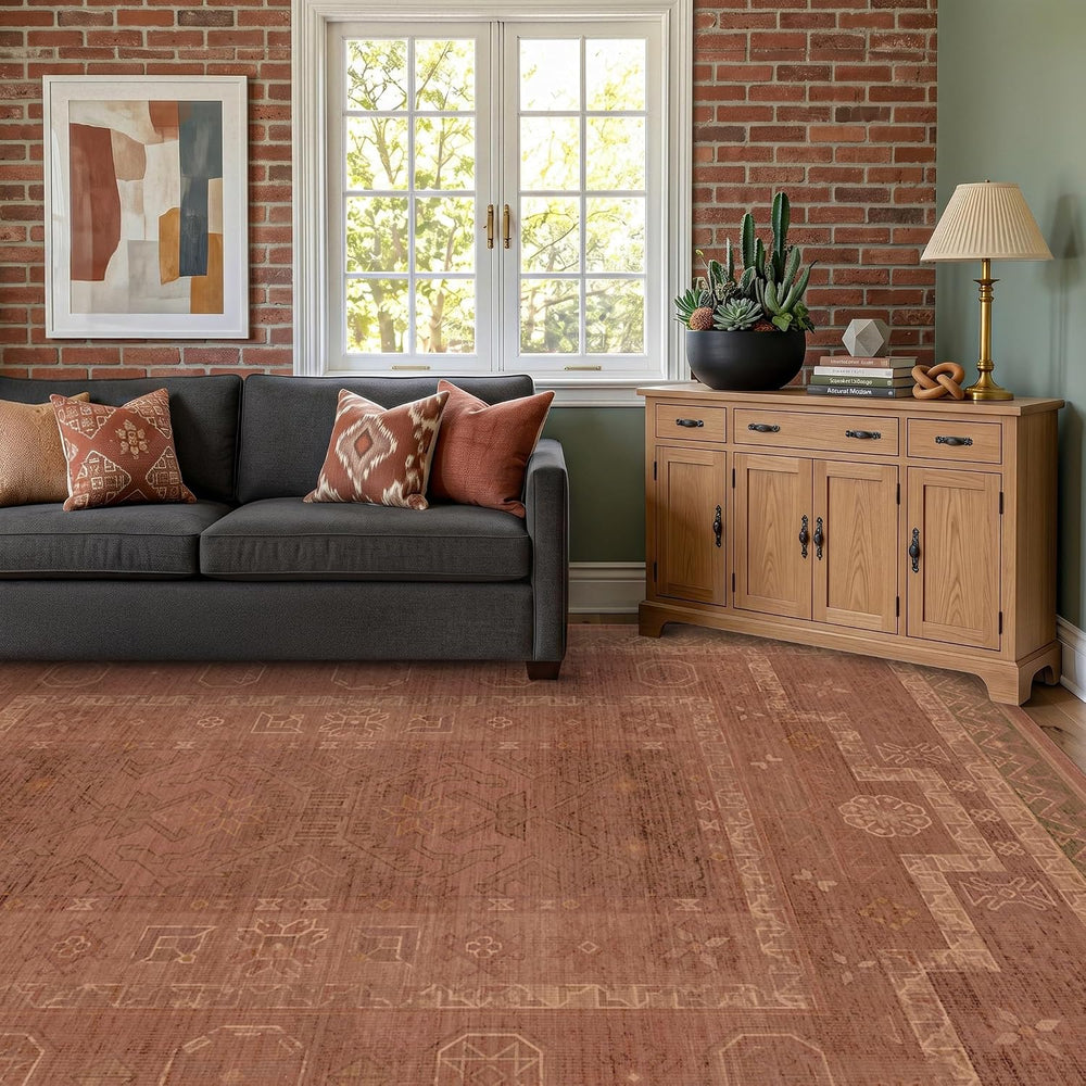 Terracotta Vintage 8x10 Area Rugs for Living Room, Distressed Geometric Borde...
