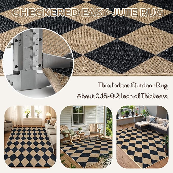 Lahome Checkered Easy Jute 5x7 Area Rugs, Washable Outdoor Patio Rug - Image 5