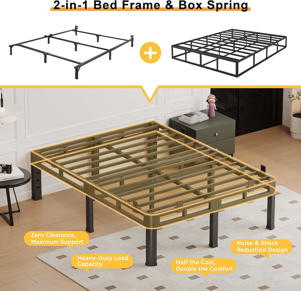 Queen Bed Frame Metal Platform,14 Inch Heavy Duty Double Layer Bedframe