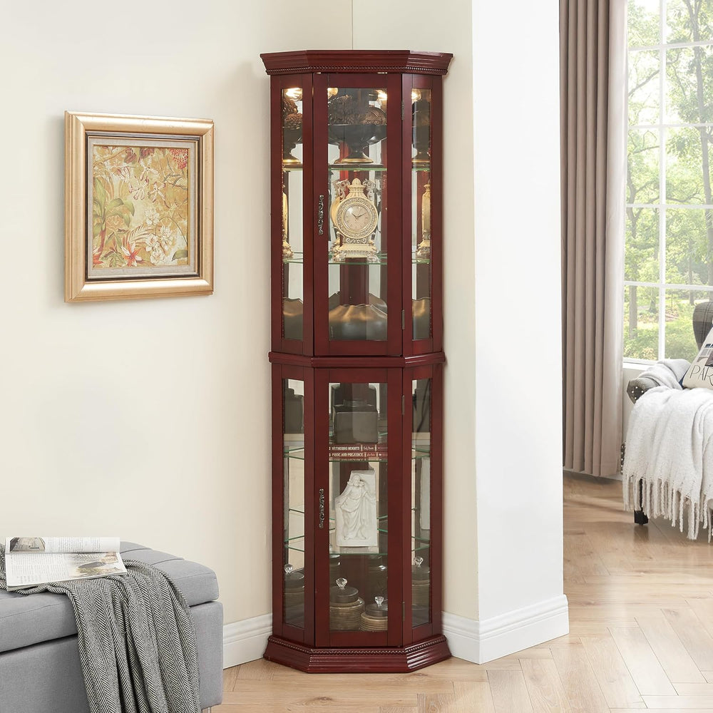 Lighted Corner Curio Cabinet, 69.75" Tall Corner Display Cabinet with Ad...