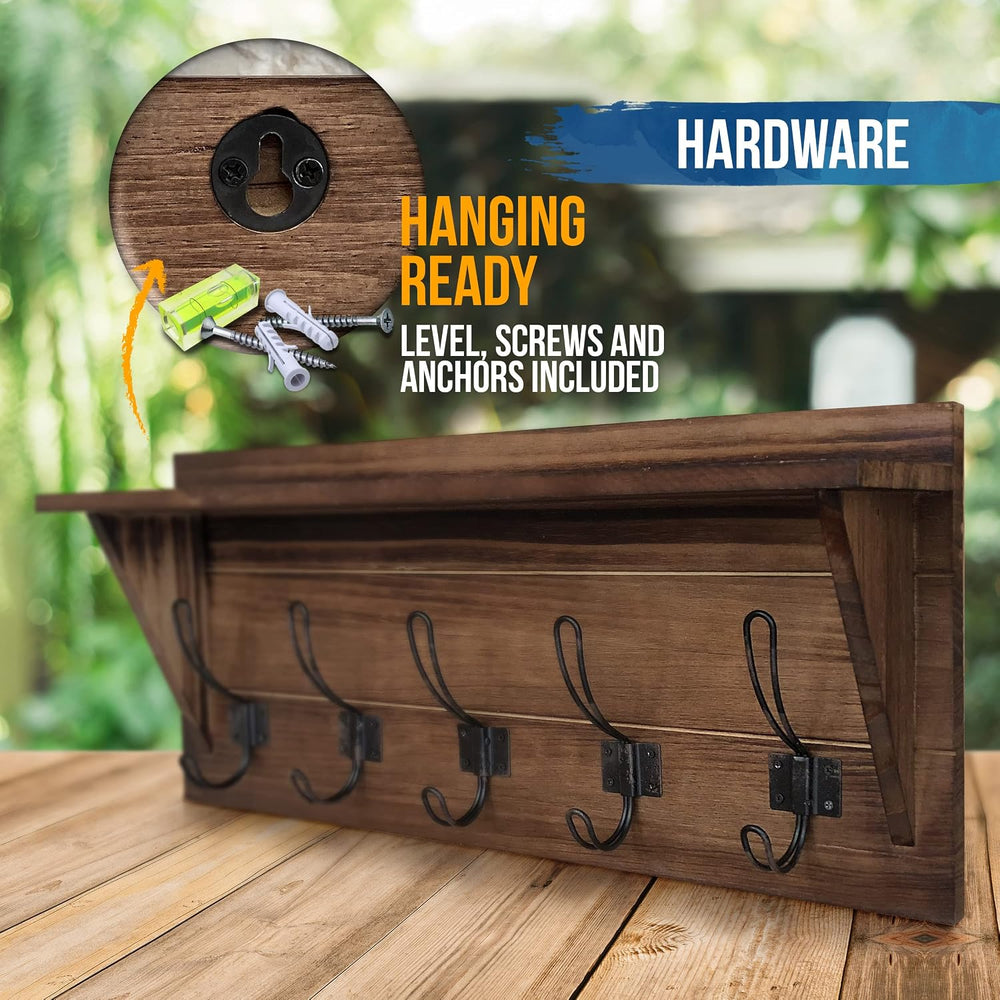 HBCY Creations Rustic Brown Solid Wood Wall Mounted Coat Rack with Shelf, 5 H...