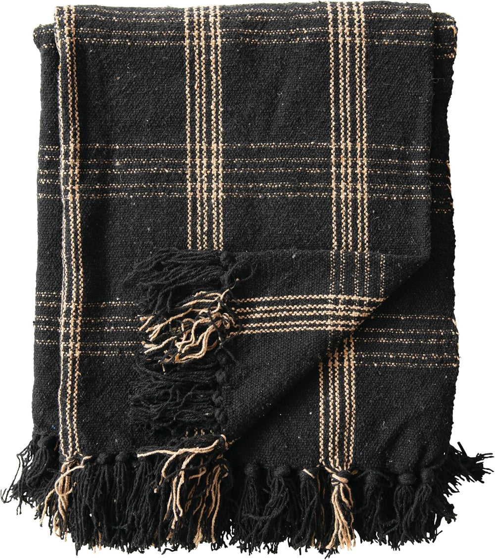 Plaid Black & Tan Fringed Woven Cotton Blend Throw