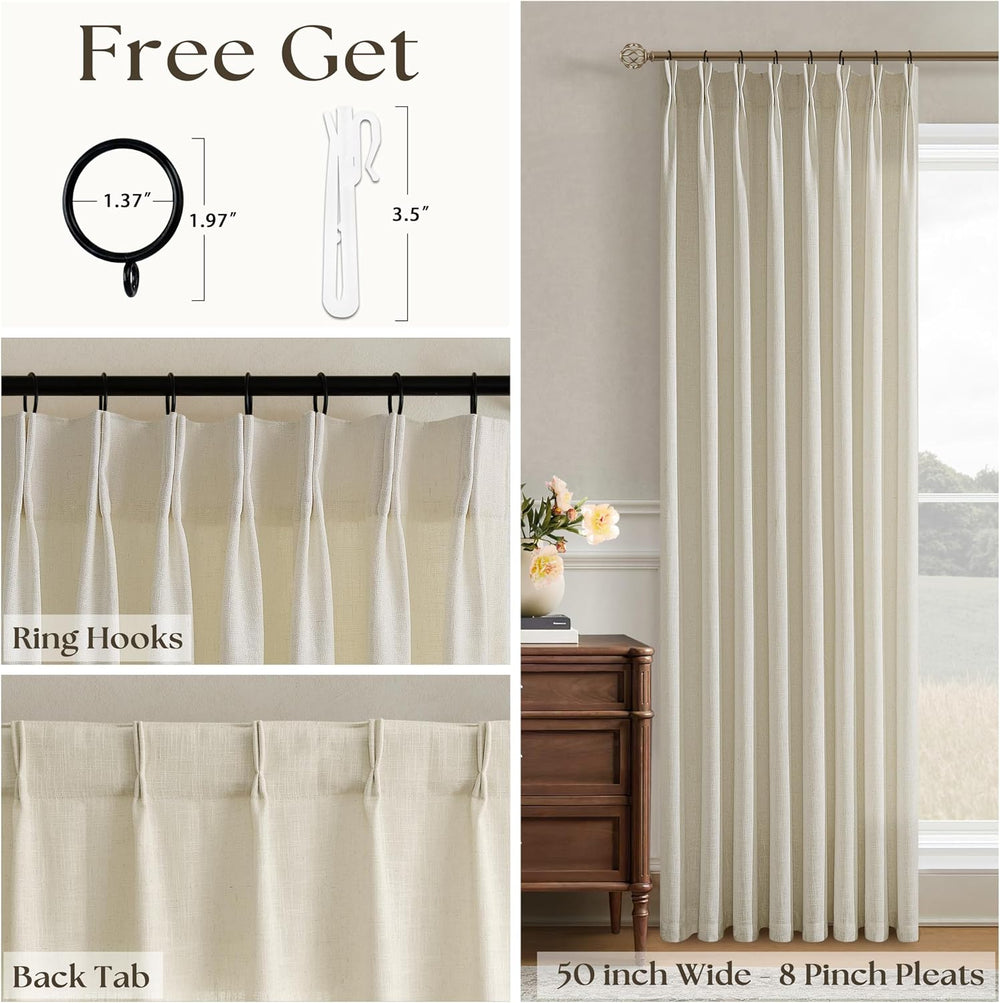 Oatmeal 90 Inch Pinch Pleated Linen Curtains for Living Room