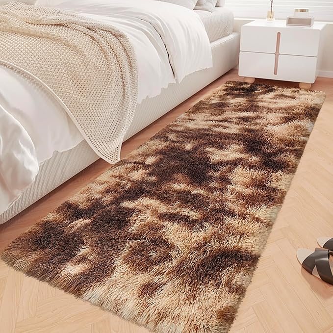 Super Soft Fluffy Living Room Area Rug 2x6 ft Tie-Dyed Brown Shaggy Furry by JiaoBaba