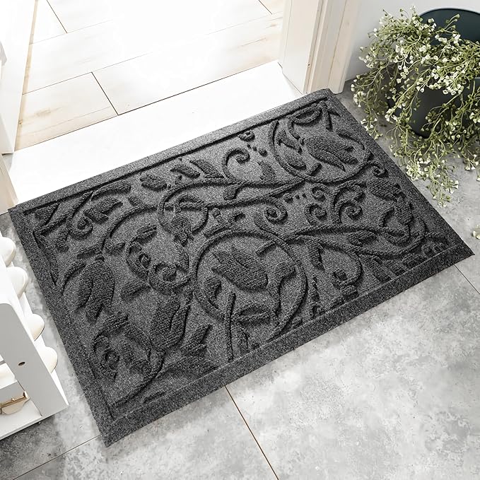 Boho Grey Floral Leaves Outdoor Indoor Entrance Doormats, Absorbent Durable by VivaNest