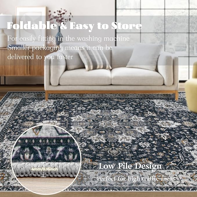 Area Rug 8x10 Washable Rug, Vintage Boho Medallion Rugs Non-Slip Soft Low Pile - Image 6