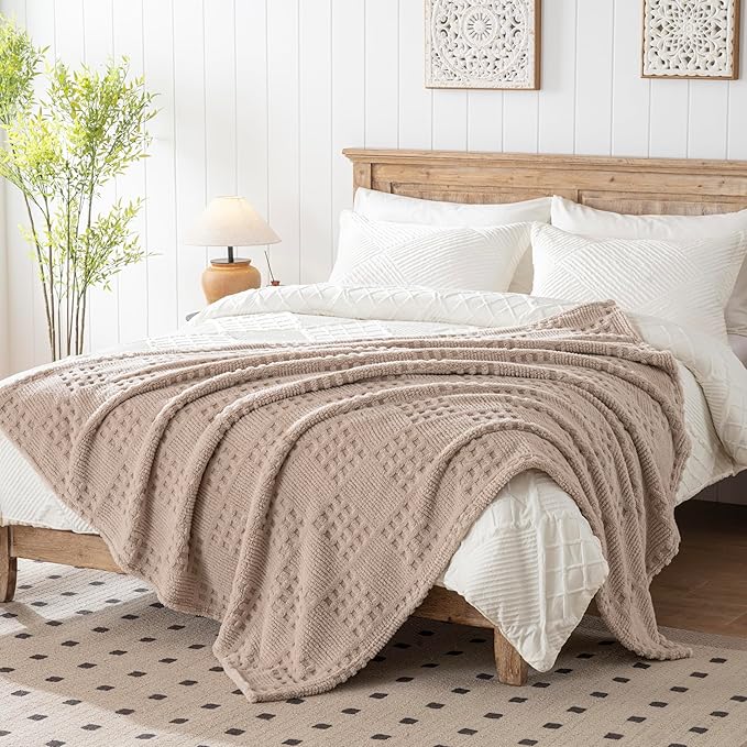 50x70 Inch Waffle Brown Throw Blanket -Fluffy Fleece, Neutral Tan Color - Image 2