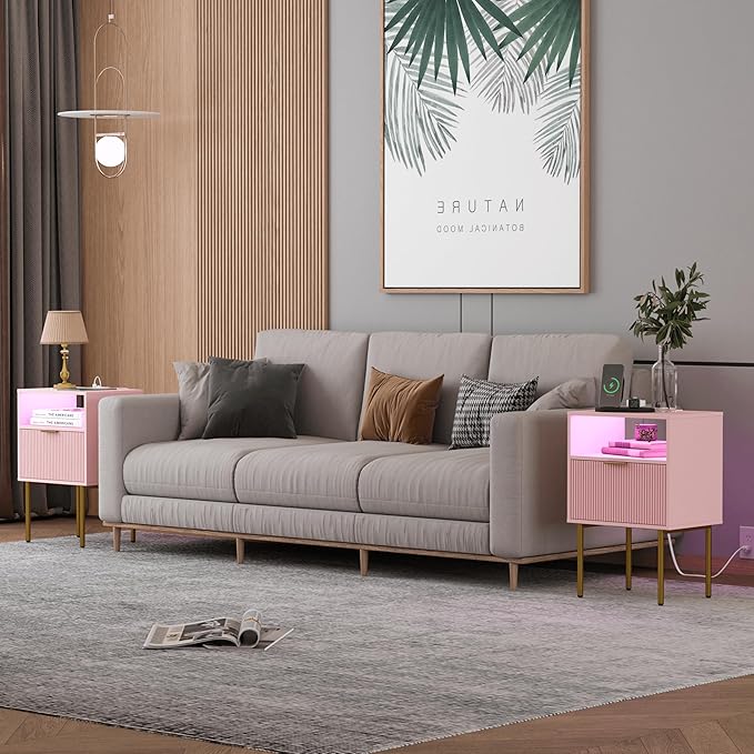 Modern Nightstand with Charging Station and LED Lights, White Bedside Table w...