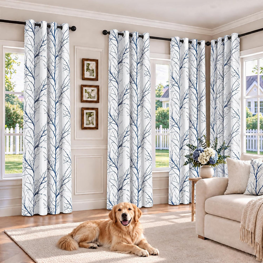 FMFUNCTEX 100% Blackout Blue Grey Tree Branch Curtains 54 Inch 2 Panels