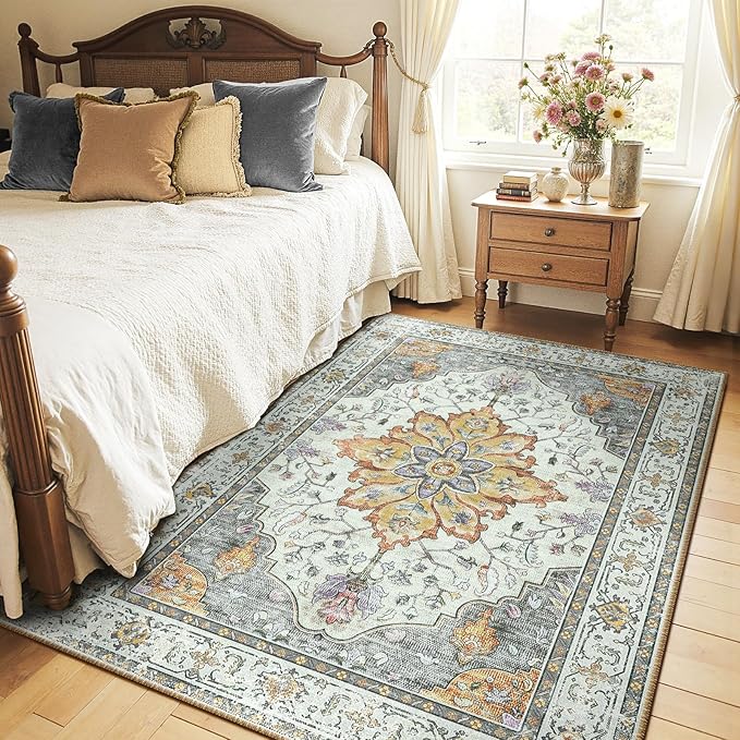 Area Rugs 4'x6' Washable Non-Slip, Floral Vintage Distress Print Pattern - Image 2
