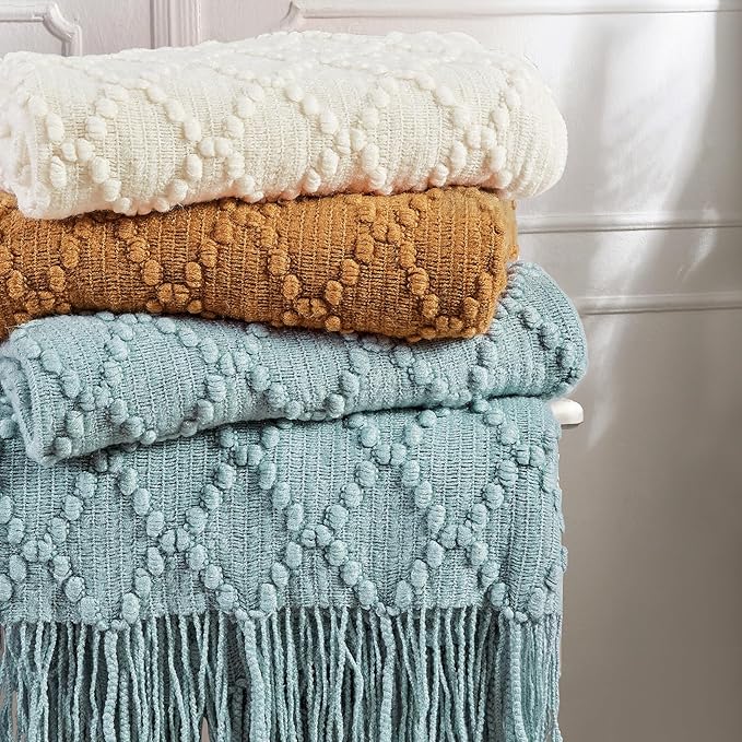BOURINA White Throw Blanket 50 x70 Inches Jacquard Argyle Throw Textured Solid - Image 6