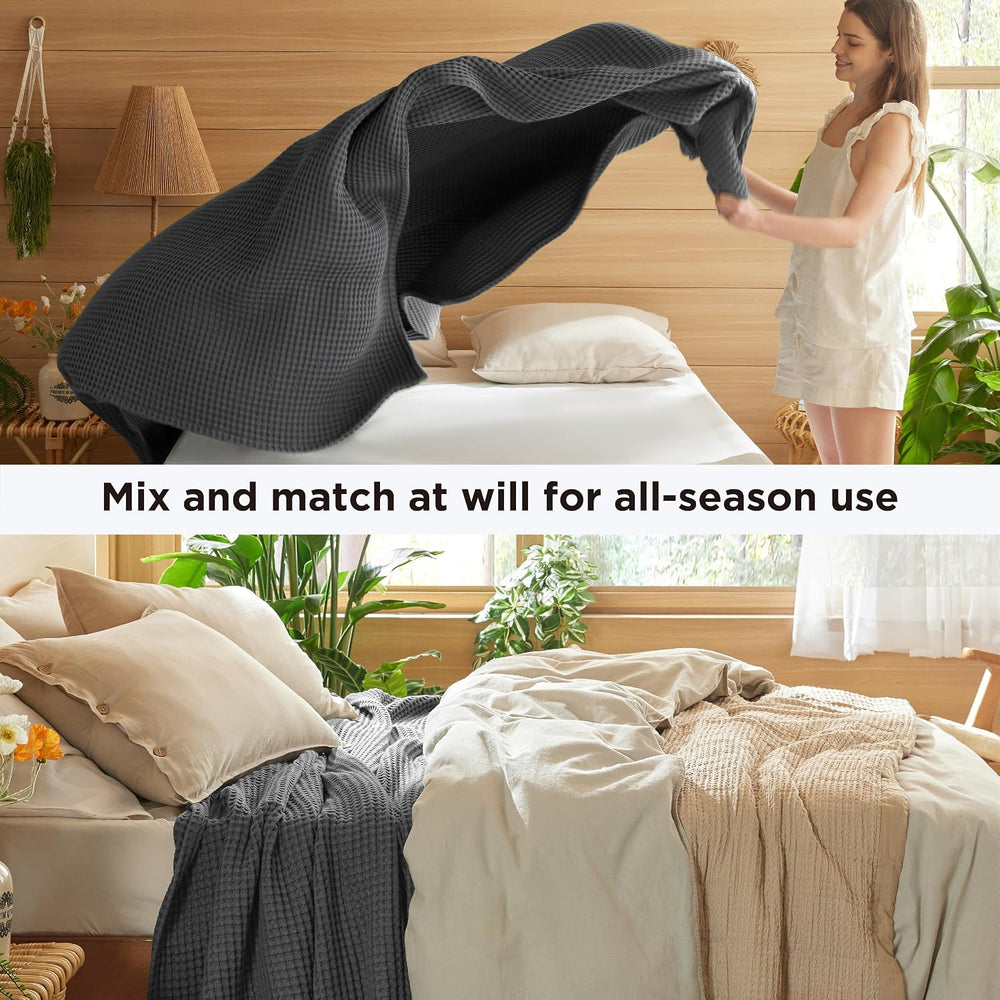 Bedsure Lightweight 100% Cotton Waffle Blanket, Throw XL, Dark Grey