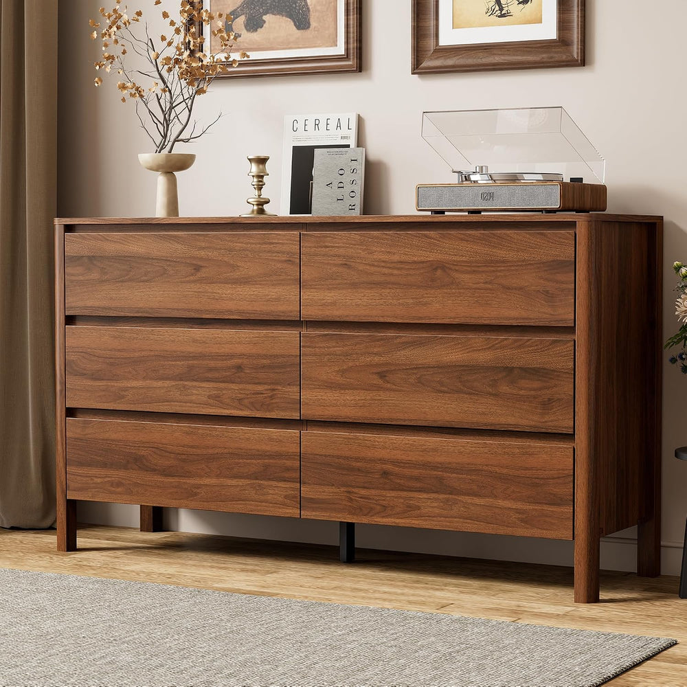 Furniway 55.1" Wide 6 Drawer Wood Dresser for Bedroom with Legs, Walnut