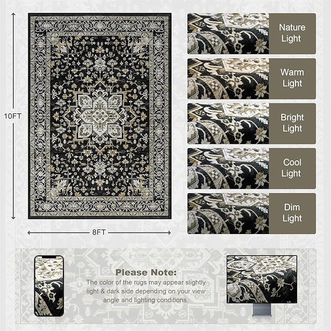 8x10 Area Rugs for Living Room: Washable Rug Soft Vintage Boho Medallion Carpet - Image 2