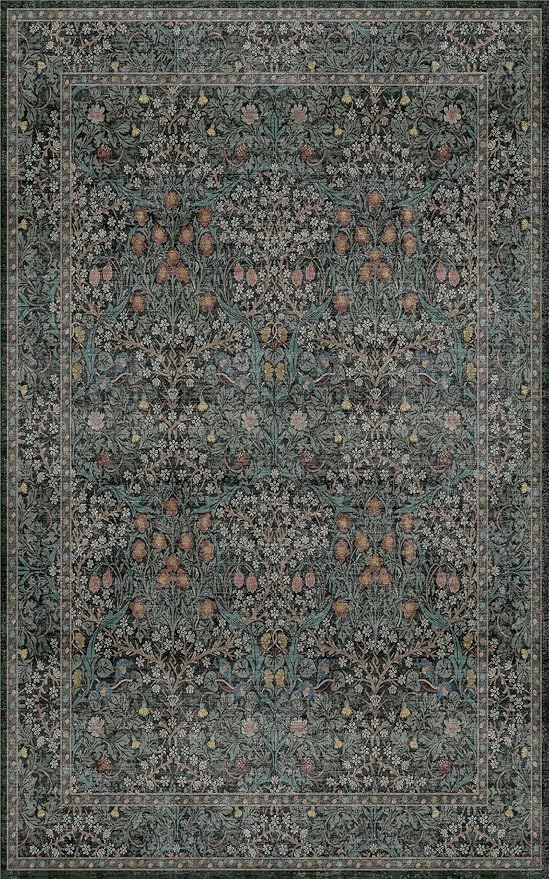 Washable Vintage 5x8 Living Room Rug, Dark Green Floral Area Rug - Image 2