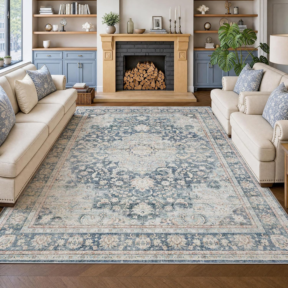 8x10 Blue Neutral Vintage Distressed Traditional Area Rug
