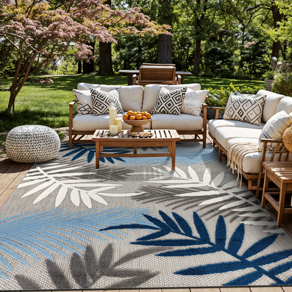 Rugshop Palm Indoor/Outdoor Non-Shedding Deck Patio Area Rug Blue 5' x 7&...