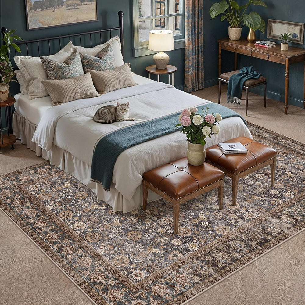 HUGEAR 8x10 Brown Blue Vintage Floral Washable Area Rug for Living Room