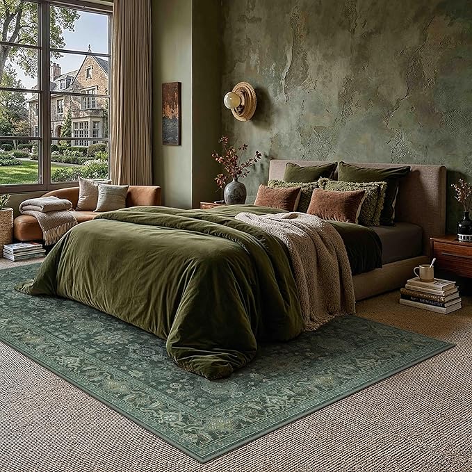 5x7 Washable Area Rug for Living Room Bedroom Vintage Green Soft Low Pile - Image 3