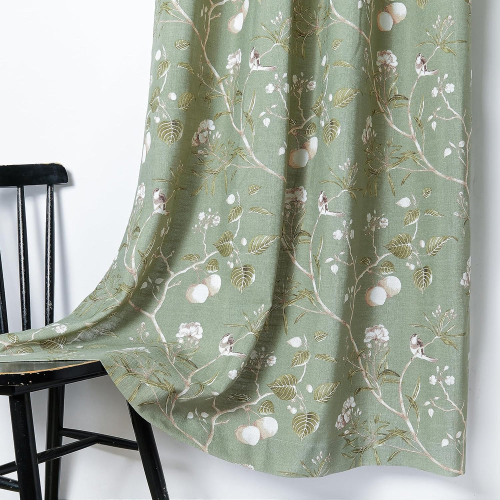 Vintage Bird Curtain Green Floral Print Grommet Linen Blend W55 X L84 Inch