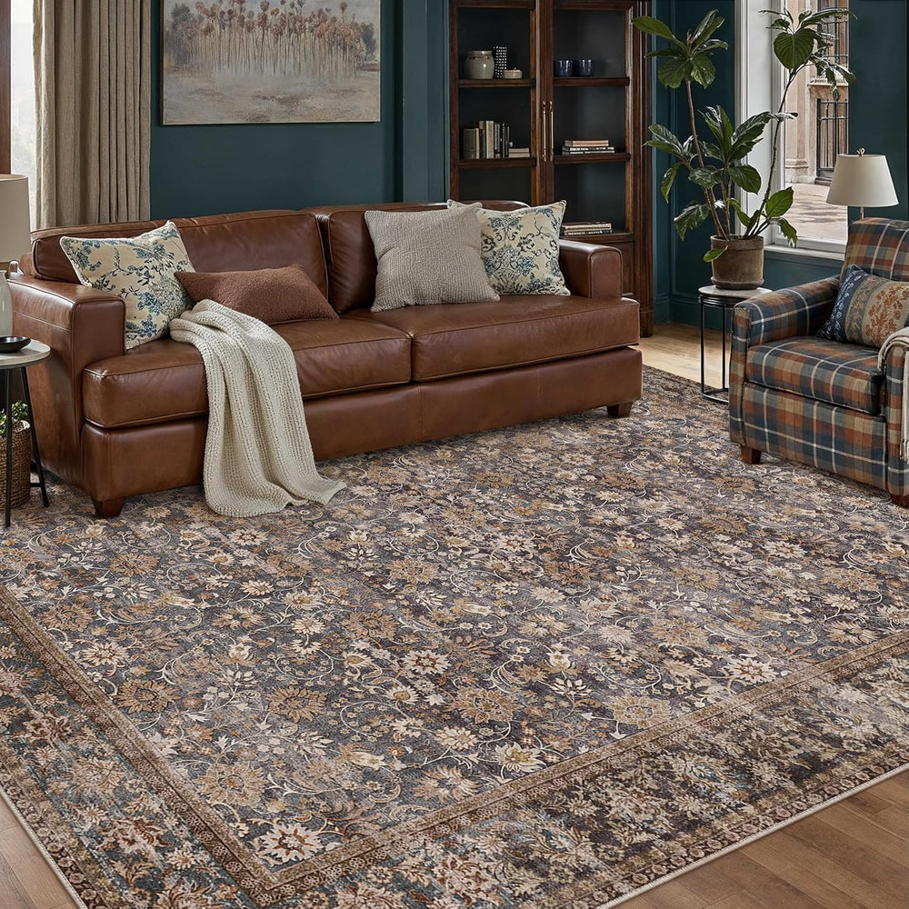 HUGEAR 8x10 Brown Blue Vintage Floral Washable Area Rug for Living Room