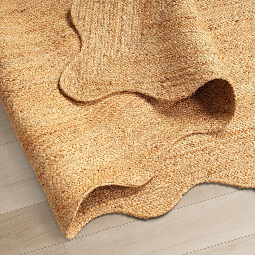 GRUHUM Jute Area Rug 2'x3' ft Wave Scalloped Natural Handwoven Boho R...