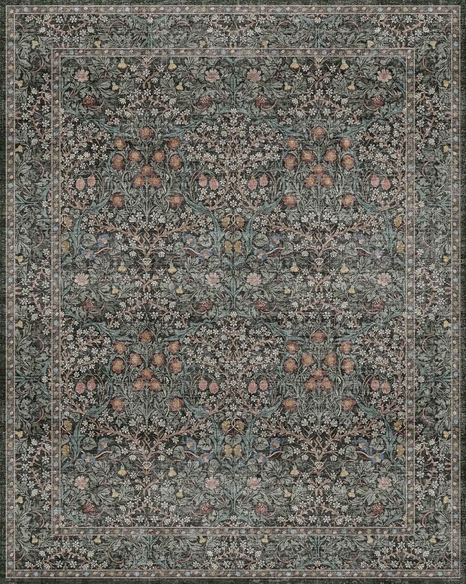 Vintage Dark Green Living Room Rug, 8x10 Washable Area Rugs - Image 2
