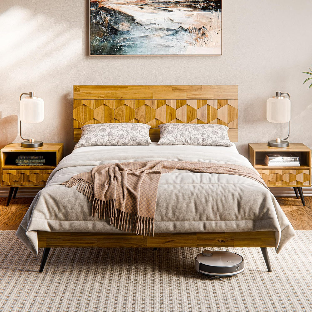 Bme Georgina Queen Bedframe, Geometric Headboard, Mid Century, Teak Brown