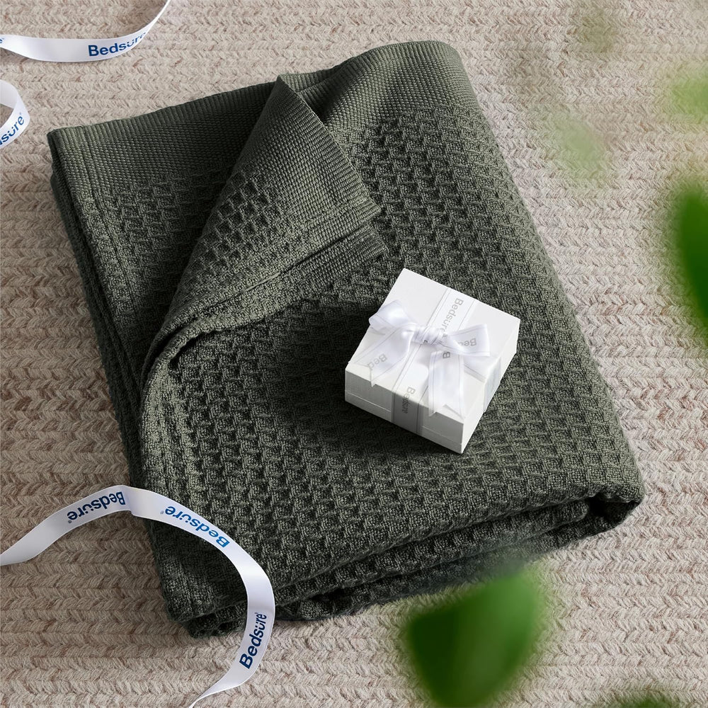 Bedsure 100% Cotton Blanket, Waffle Weave, Queen Size, Olive Green, 90"x...
