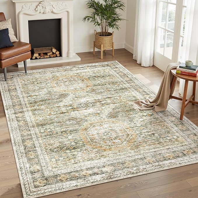 5x7 Area Rugs Green Orange Low Pile Indoor Washable Trendy Faded Style Rugs - Image 2