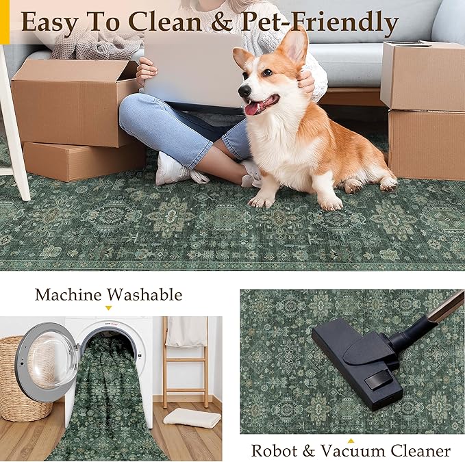 5x7 Washable Area Rug for Living Room Bedroom Vintage Green Soft Low Pile - Image 4