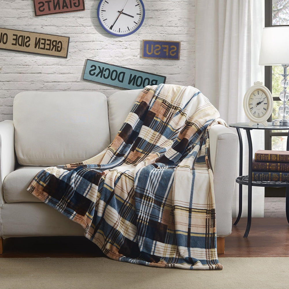 Tache Winter Cabin Blue Tan Farmhouse Super Soft Micro Fleece Tartan Plaid Pl...