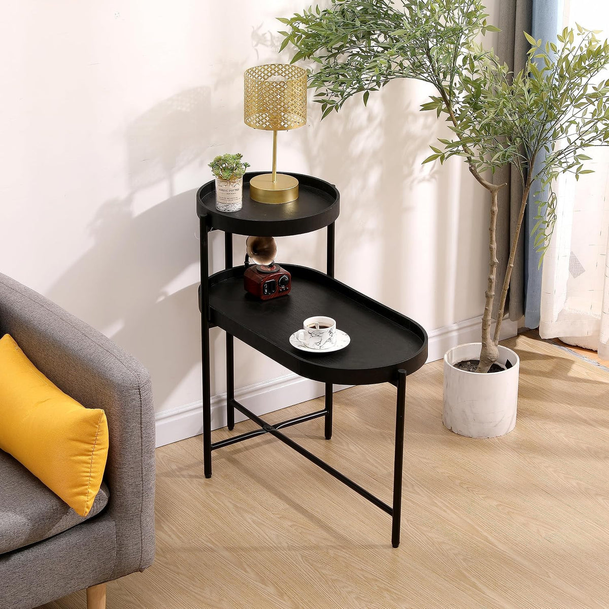 2-Tier Side Table, Metal & Wood Construction with Storage Shelf - Modern End Table for Living Room, Bedroom & Entryway,Black