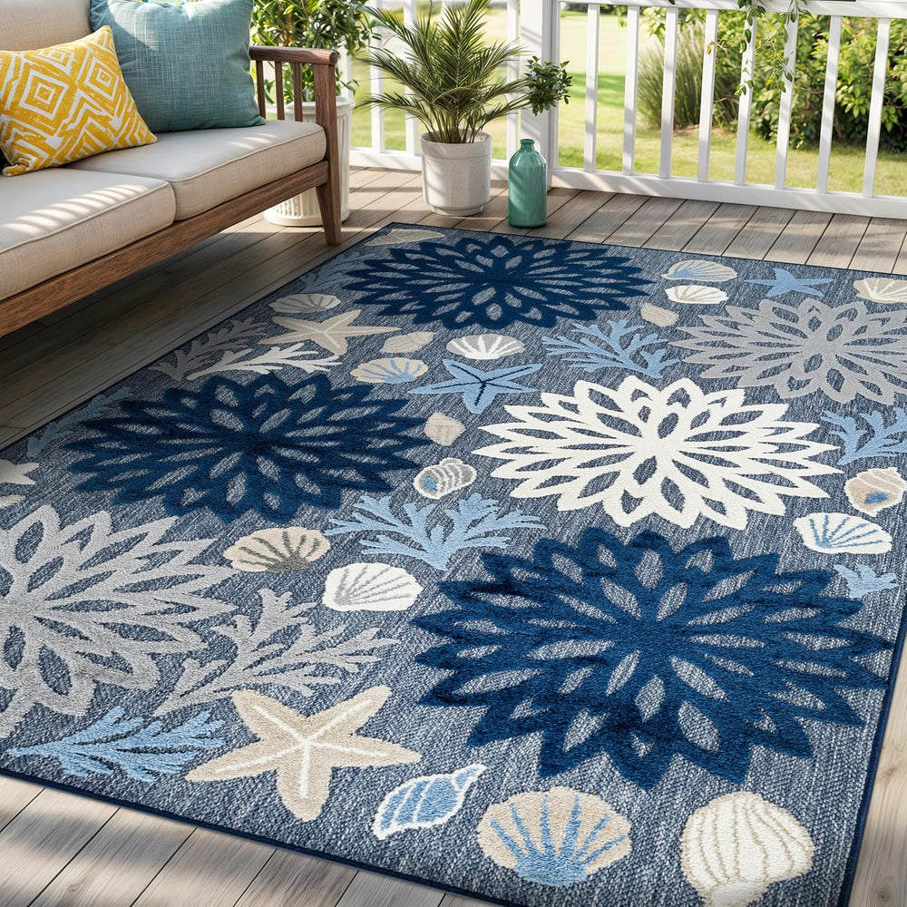 Rugshop Coastal High-Low Textured Floral Indoor Outdoor Rug Navy 5' x 7'