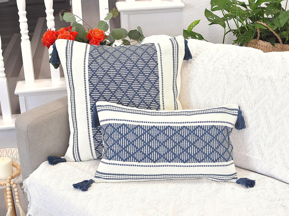 Decorative Boho Lumbar Pillow Covers with Tassels Navy Blue Off White, 12x20 ...