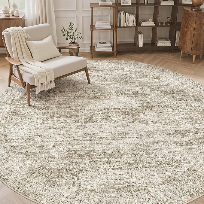 8x8 Brown Round Rug 8ft Living Room Circle Rug Vintage Round Area Rug Non Slip - Image 4